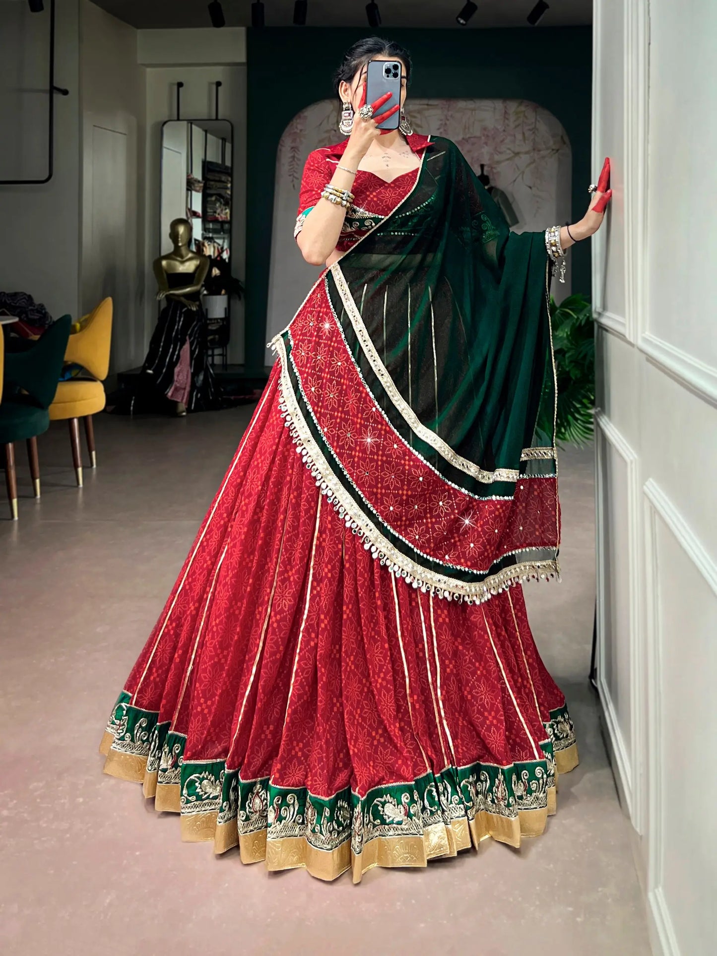 Red Navratri Lehenga With Print & Lace Touch Up