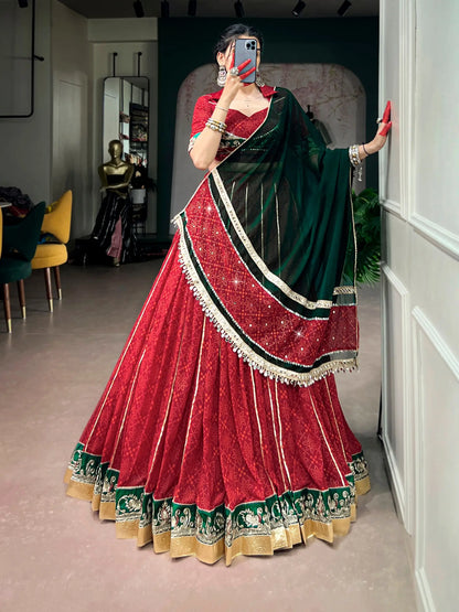 Red Navratri Lehenga With Print & Lace Touch Up