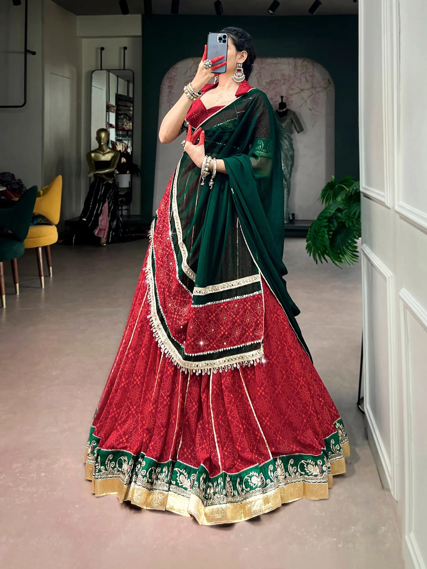 Red Navratri Lehenga With Print & Lace Touch Up