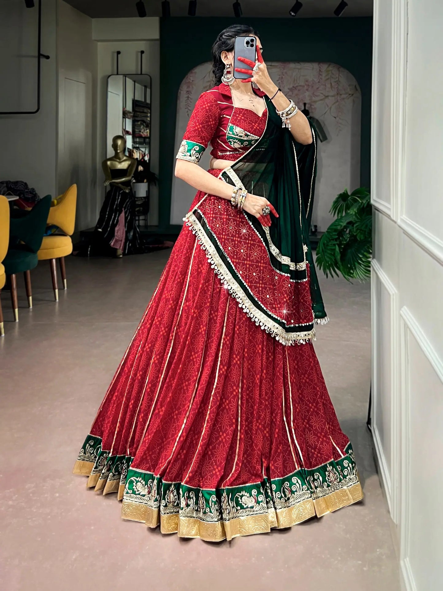 Red Navratri Lehenga With Print & Lace Touch Up