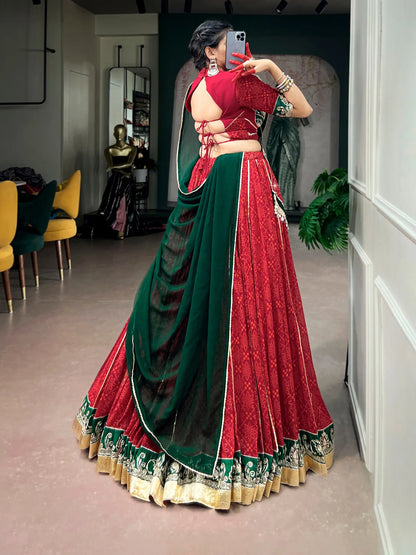 Red Navratri Lehenga With Print & Lace Touch Up