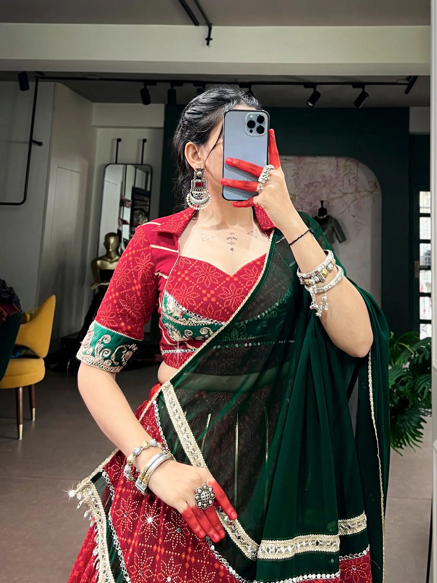Red Navratri Lehenga With Print & Lace Touch Up