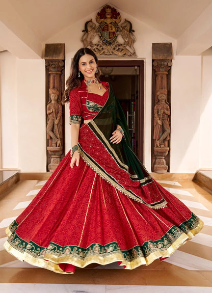 Red Navratri Lehenga With Print & Lace Touch Up