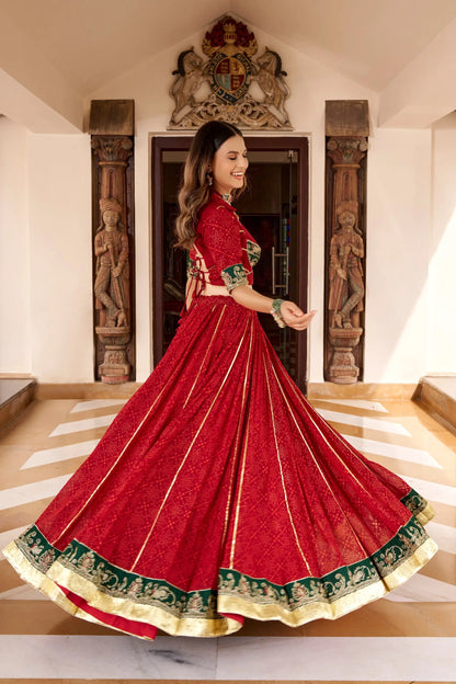 Red Navratri Lehenga With Print & Lace Touch Up