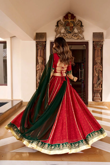Red Navratri Lehenga With Print & Lace Touch Up