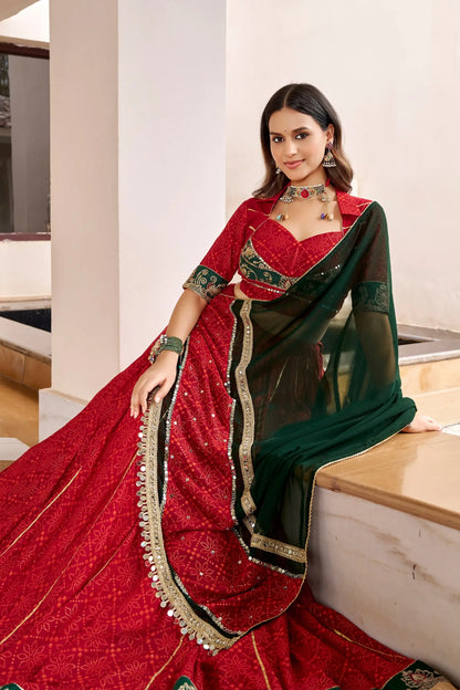 Red Navratri Lehenga With Print & Lace Touch Up