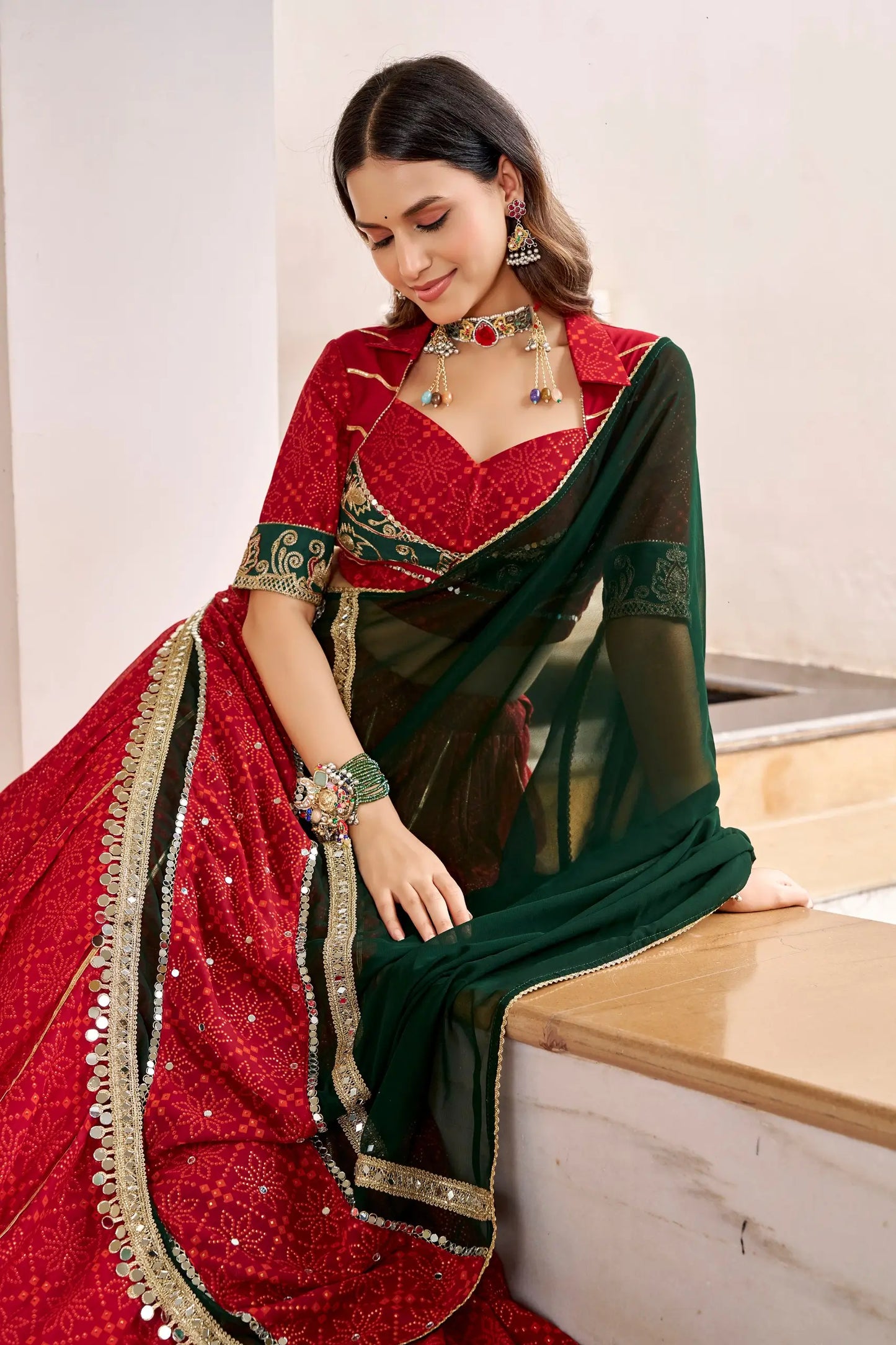 Red Navratri Lehenga With Print & Lace Touch Up