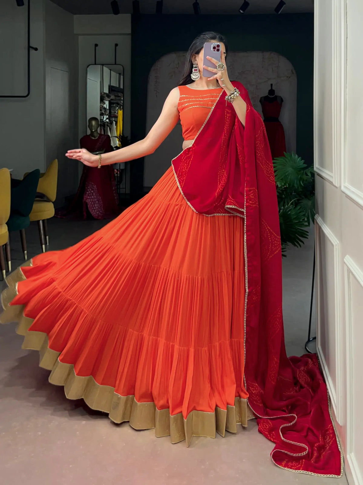 Orange Garba Chaniya Choli With Lace Touch Up