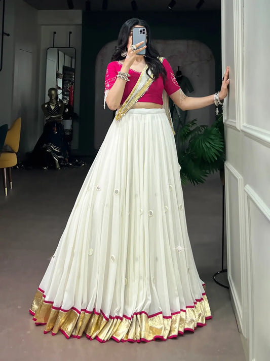 White Mirror & Pearl Work Navratri Lehenga Choli