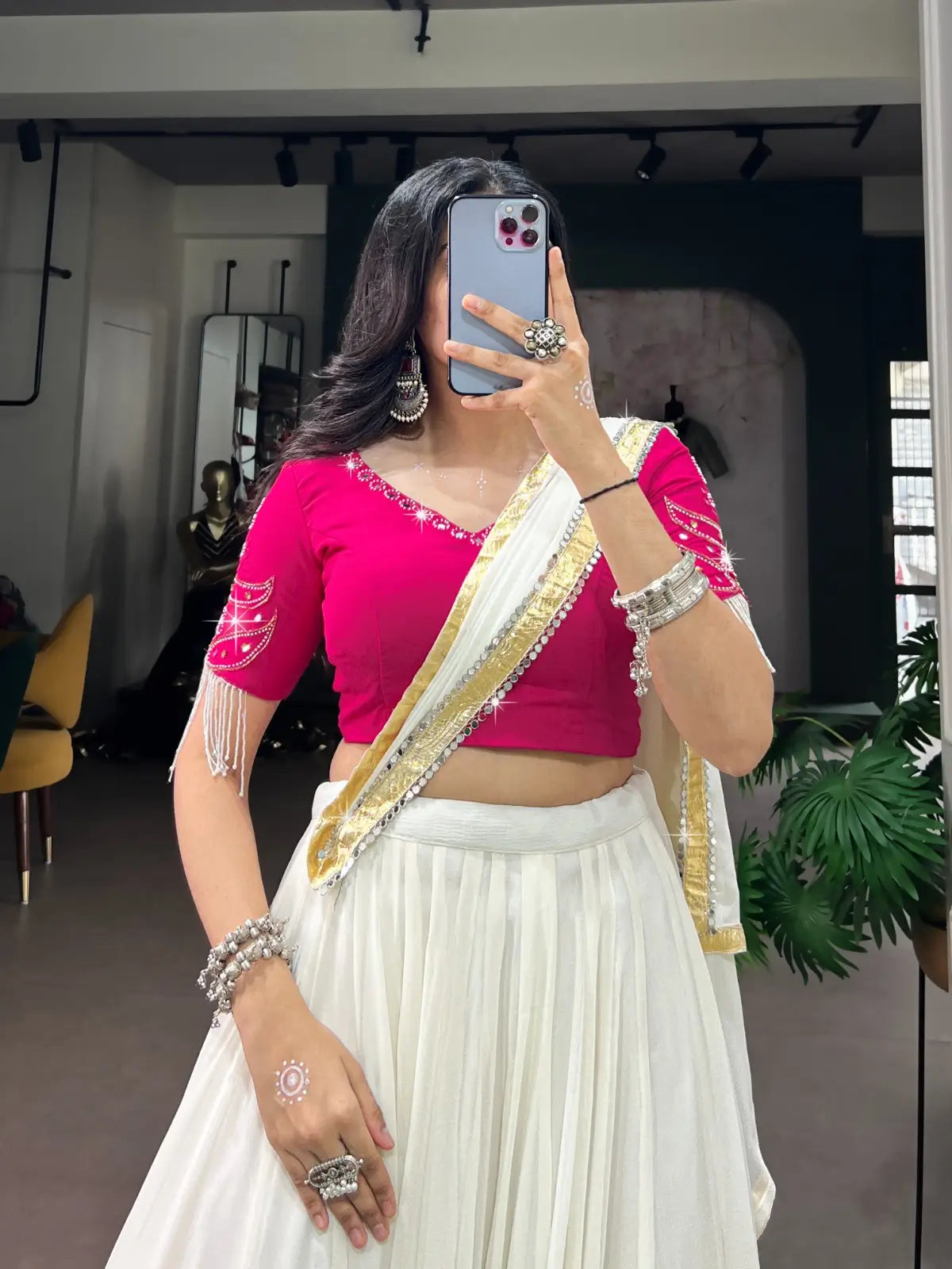 White Mirror And Pearl Work Navratri Lehenga Choli