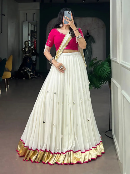 White Mirror And Pearl Work Navratri Lehenga Choli