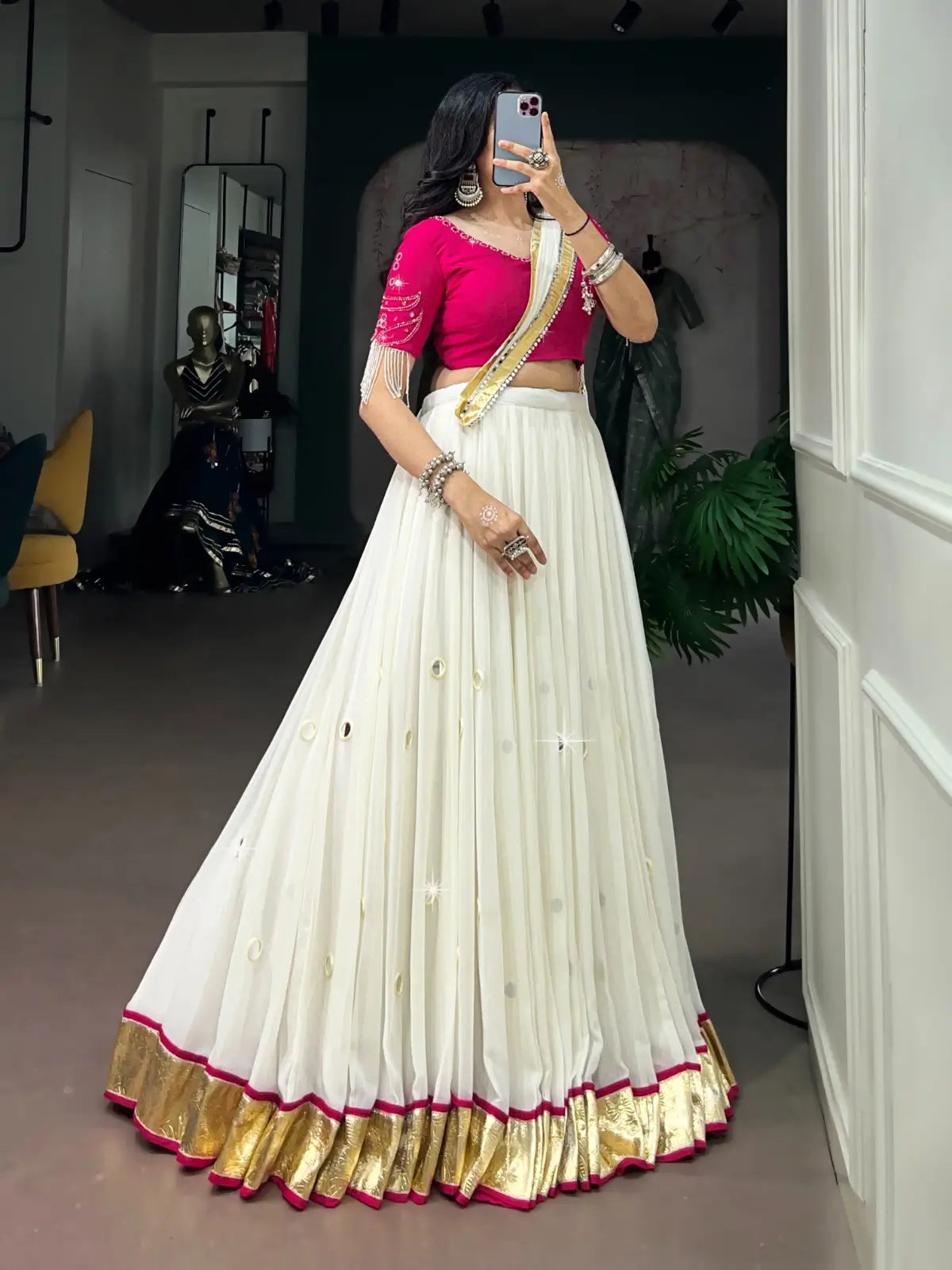 White Mirror And Pearl Work Navratri Lehenga Choli