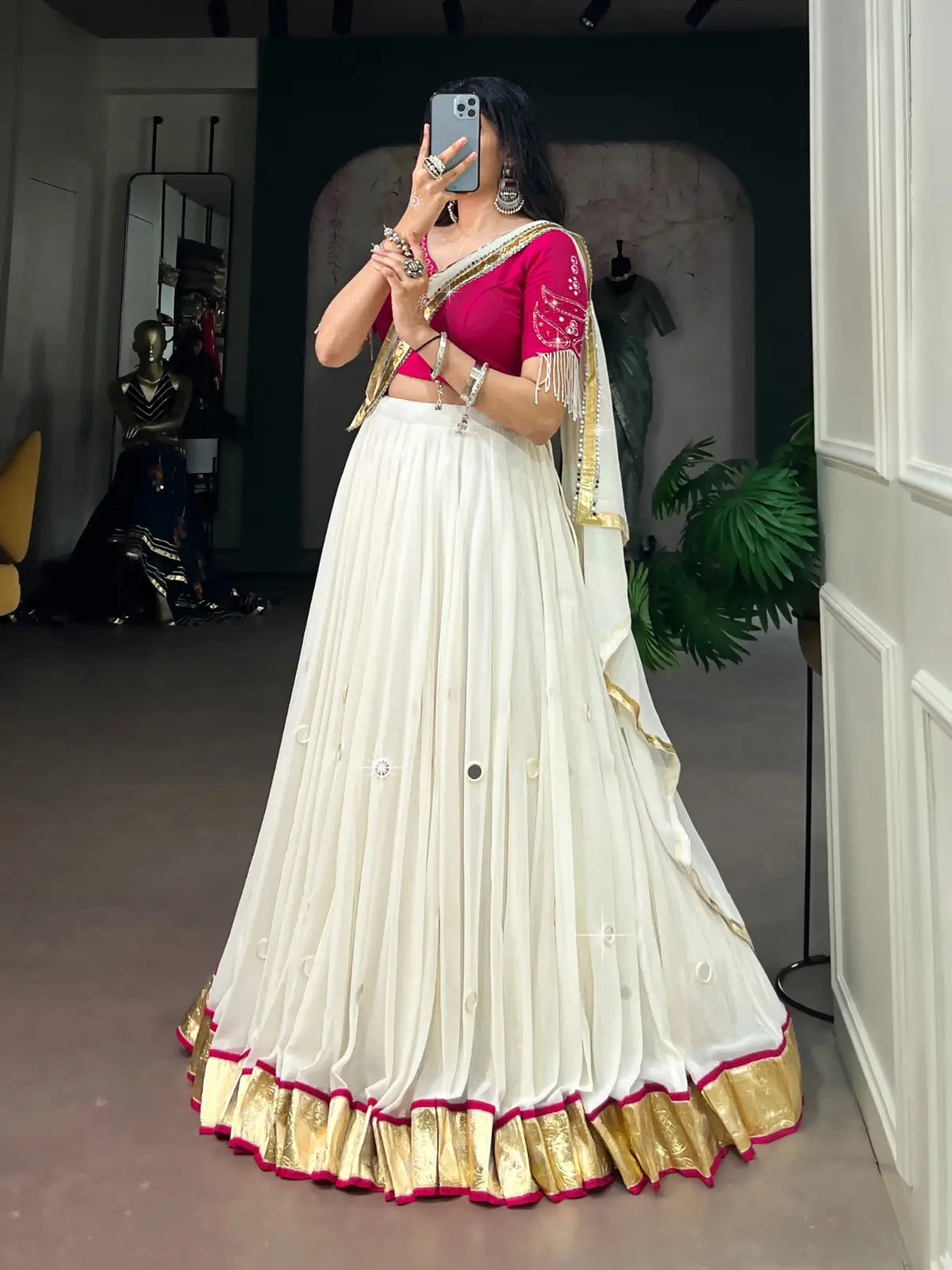 White Mirror And Pearl Work Navratri Lehenga Choli