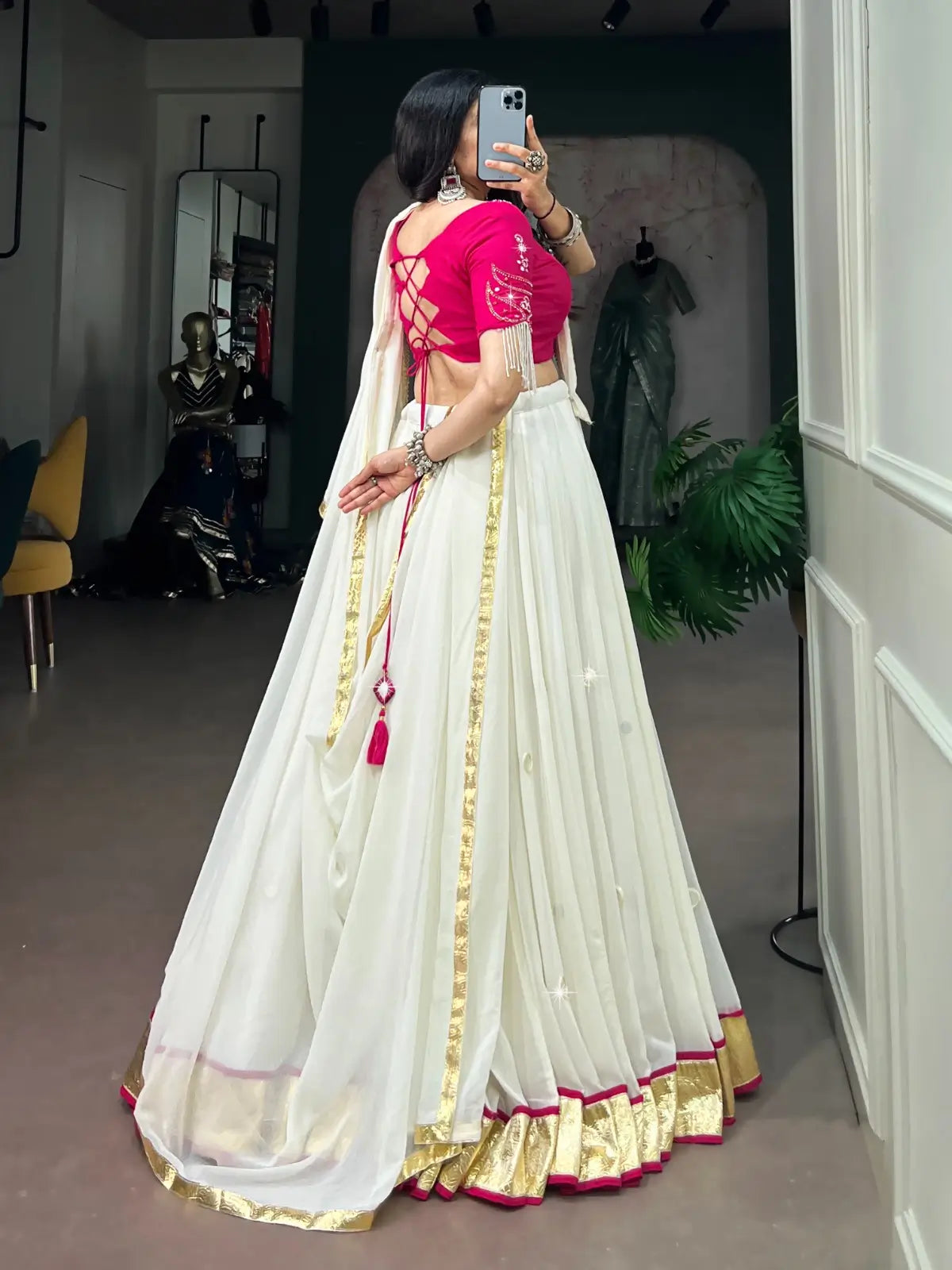 White Mirror And Pearl Work Navratri Lehenga Choli