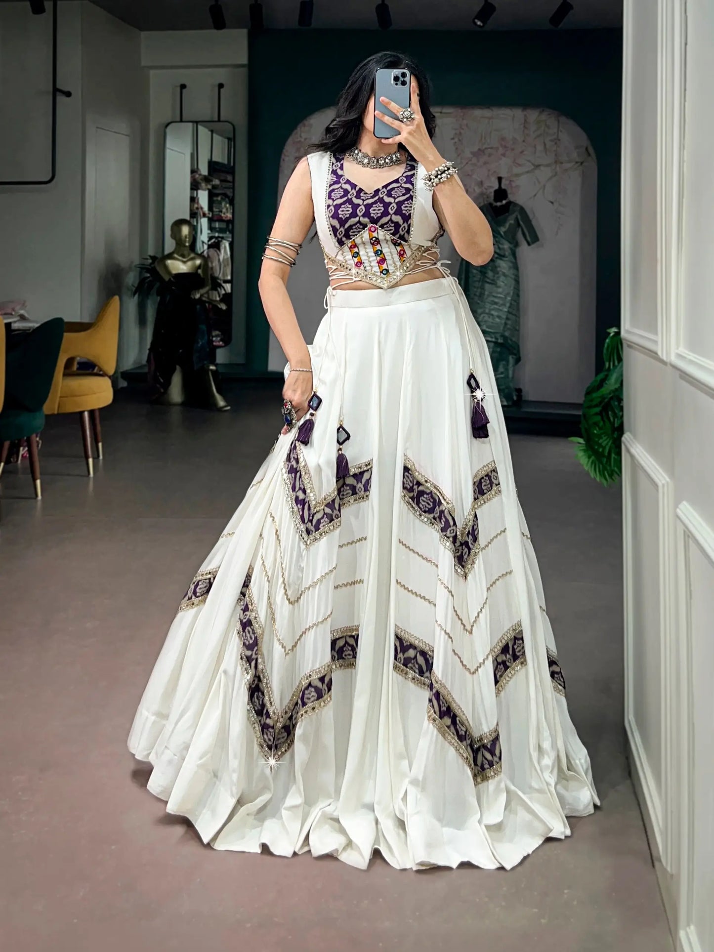White Chaniya Choli With Print & Lace Touch Up