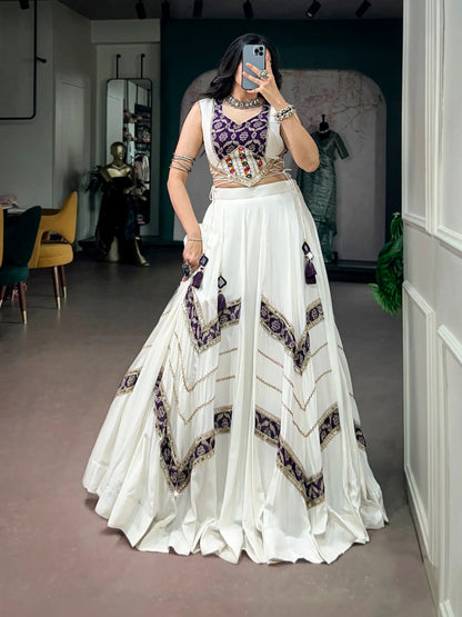 White Chaniya Choli With Print & Lace Touch Up