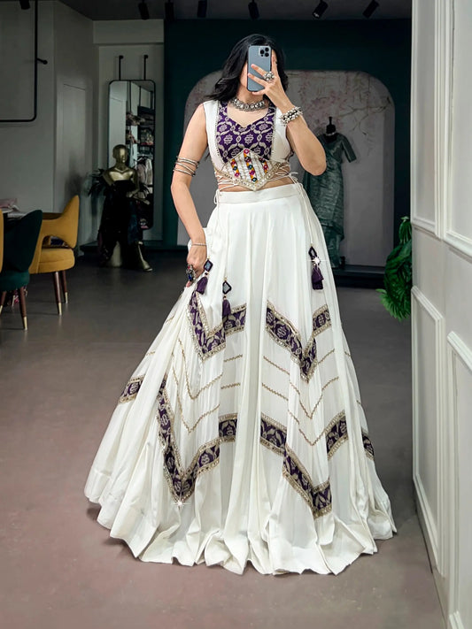 6 Meter Flair | White Chaniya Choli With Heritage Print & Mirror Work