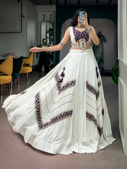 White Chaniya Choli With Print & Lace Touch Up