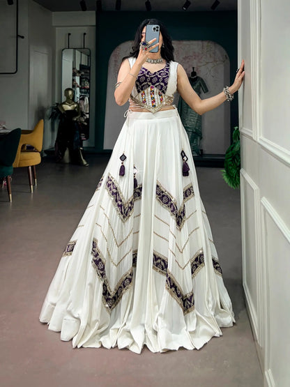 White Chaniya Choli With Print & Lace Touch Up