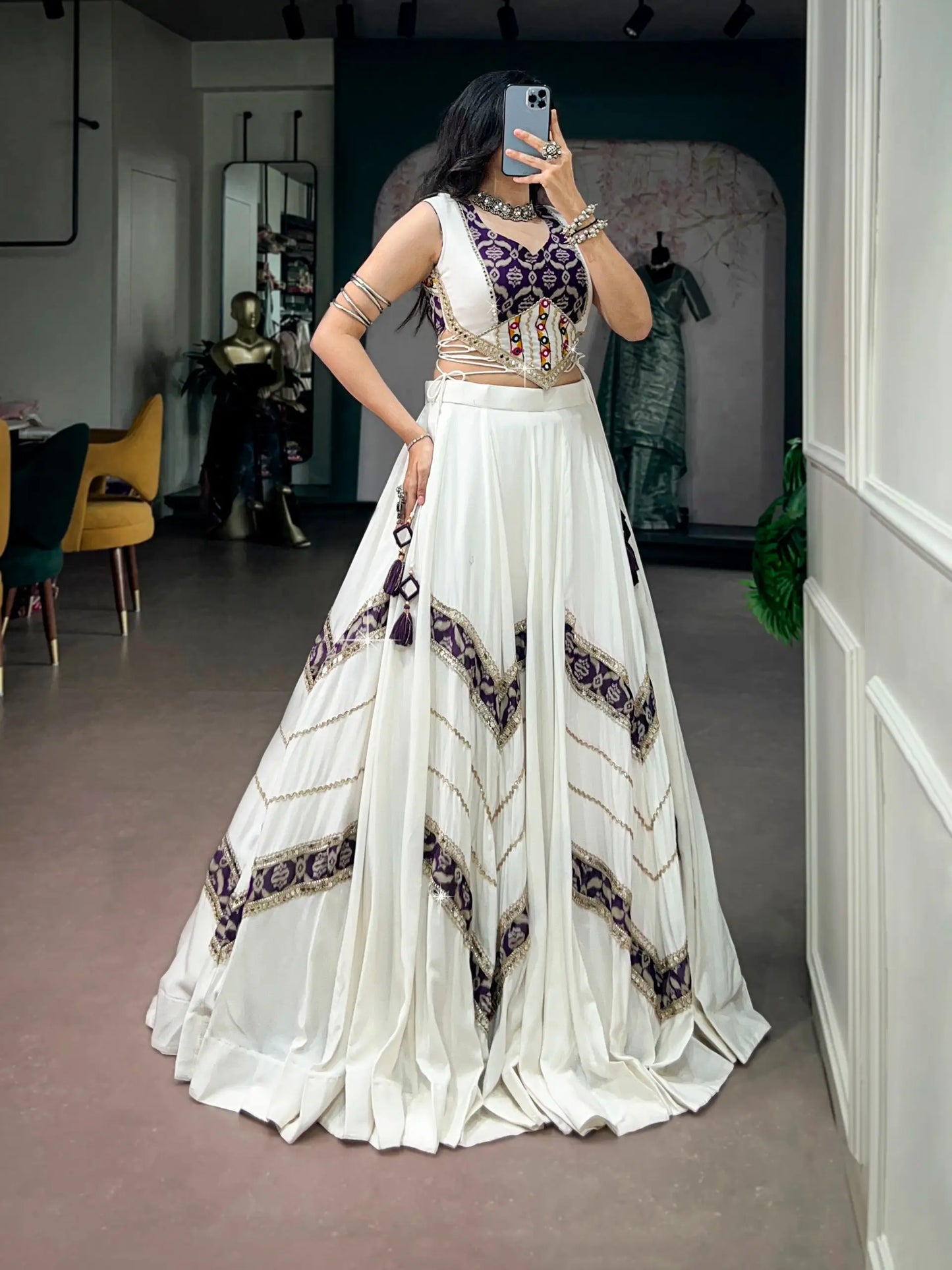 White Chaniya Choli With Print & Lace Touch Up