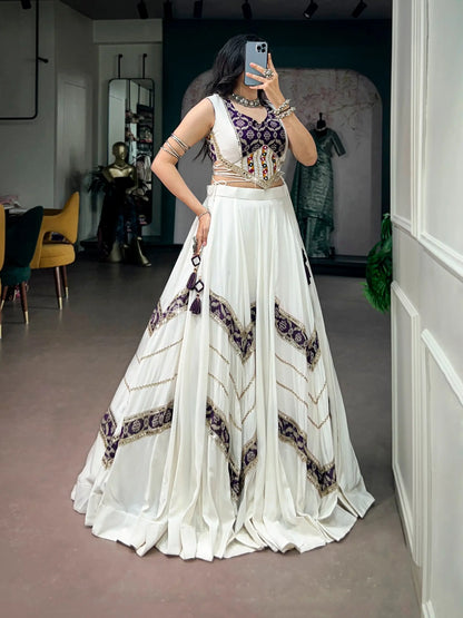 White Chaniya Choli With Print & Lace Touch Up