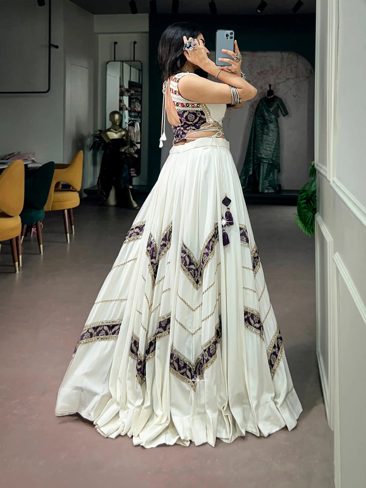 White Chaniya Choli With Print & Lace Touch Up