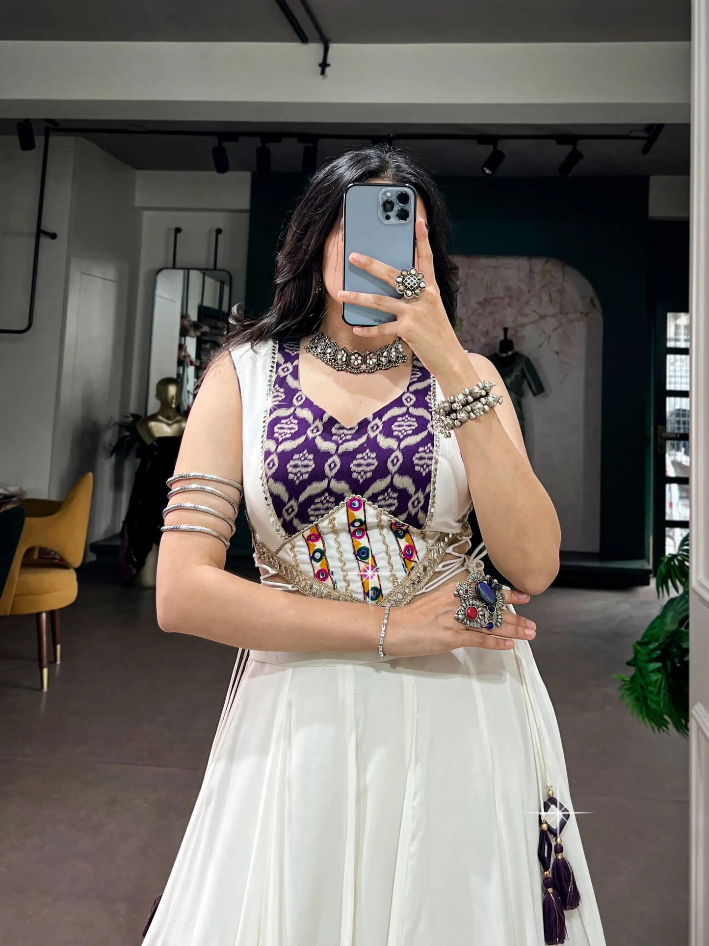 White Chaniya Choli With Print & Lace Touch Up