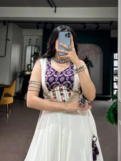 White Chaniya Choli With Print & Lace Touch Up