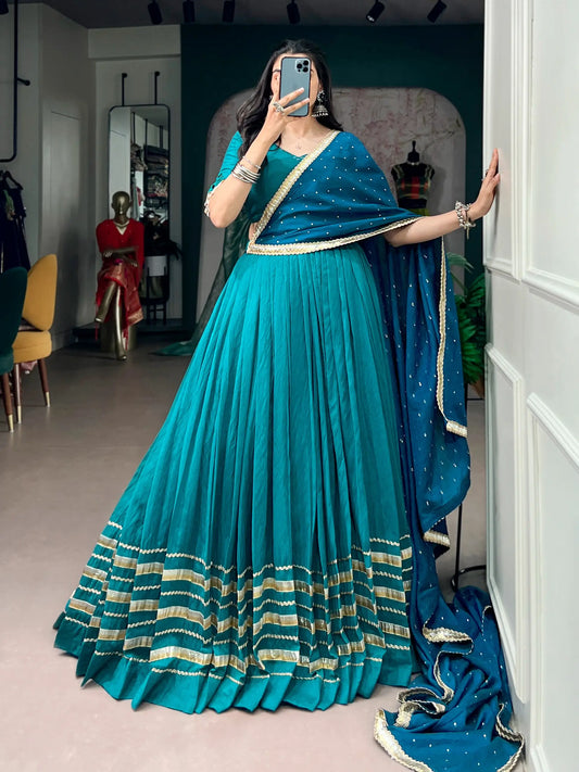 Teal Blue Navratri Lehenga Choli With Lace Touch Up