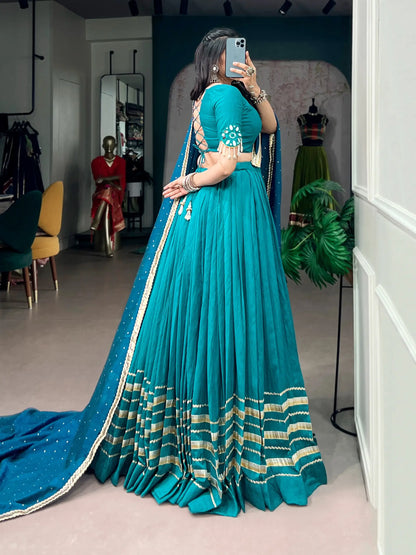 Teal Blue Navratri Lehenga Choli With Lace Touch Up