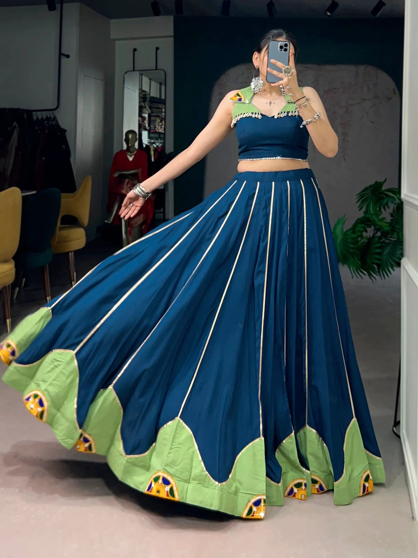 Navy Blue Gamthi & Mirror Work Chaniya Choli