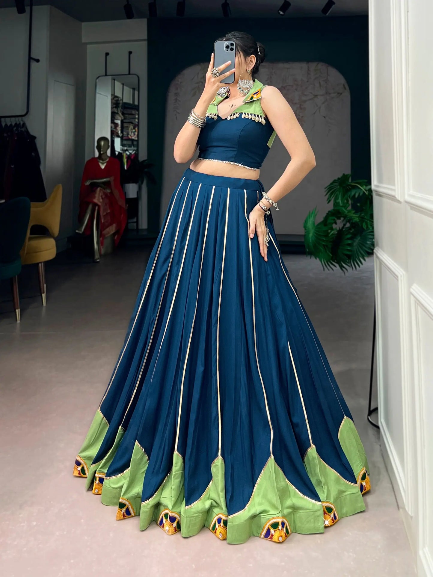 Navy Blue Gamthi & Mirror Work Chaniya Choli