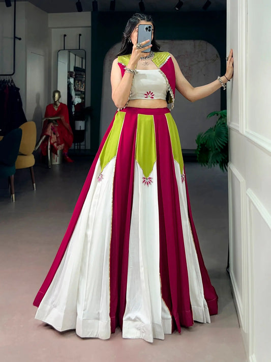 Pink-White Chaniya Choli With Mirror & Lace Touch Up