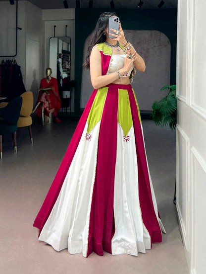 Pink-White Chaniya Choli With Mirror & Lace Touch Up