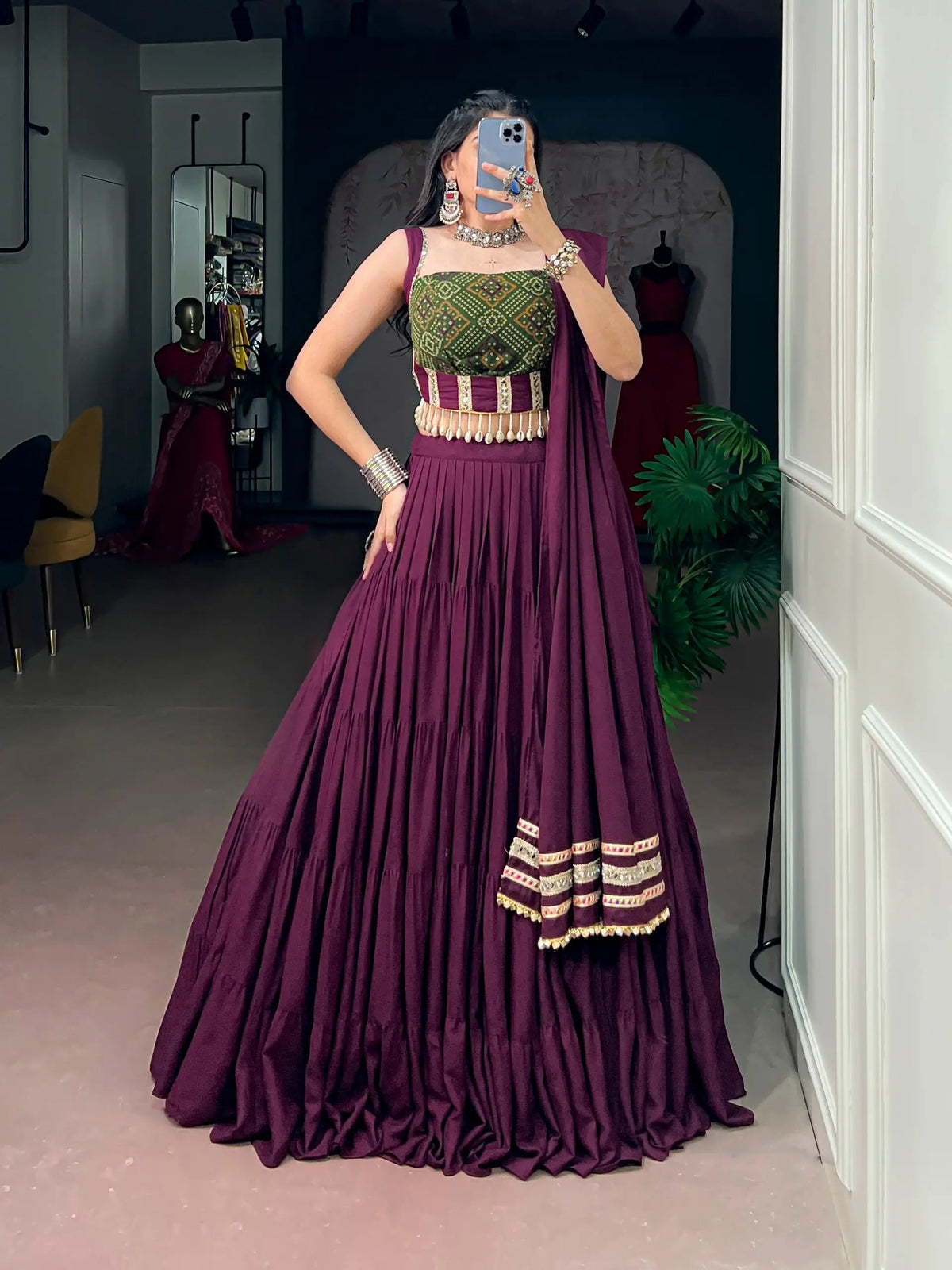 Wine Garba Chaniya Choli With Lace Touch Up