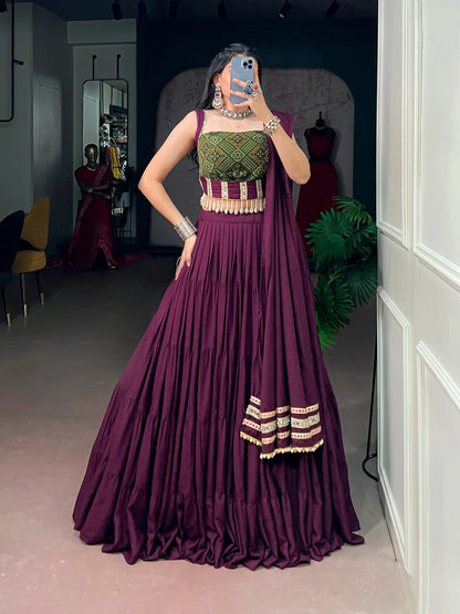 Wine Garba Chaniya Choli With Lace Touch Up