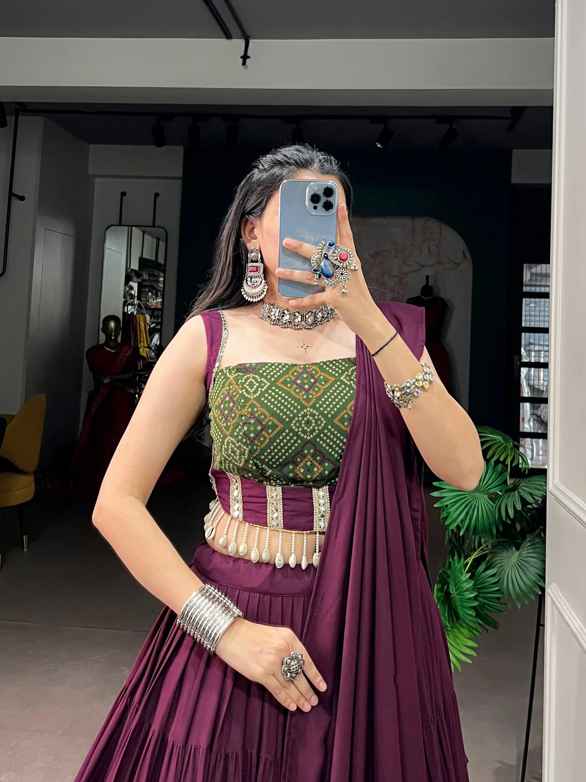 Wine Garba Chaniya Choli With Lace Touch Up
