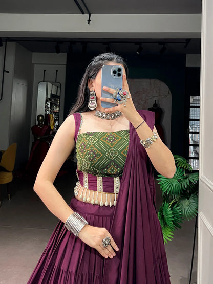 Wine Garba Chaniya Choli With Lace Touch Up