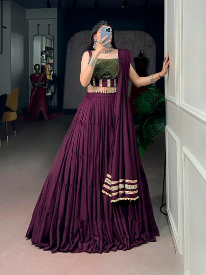 Wine Garba Chaniya Choli With Lace Touch Up