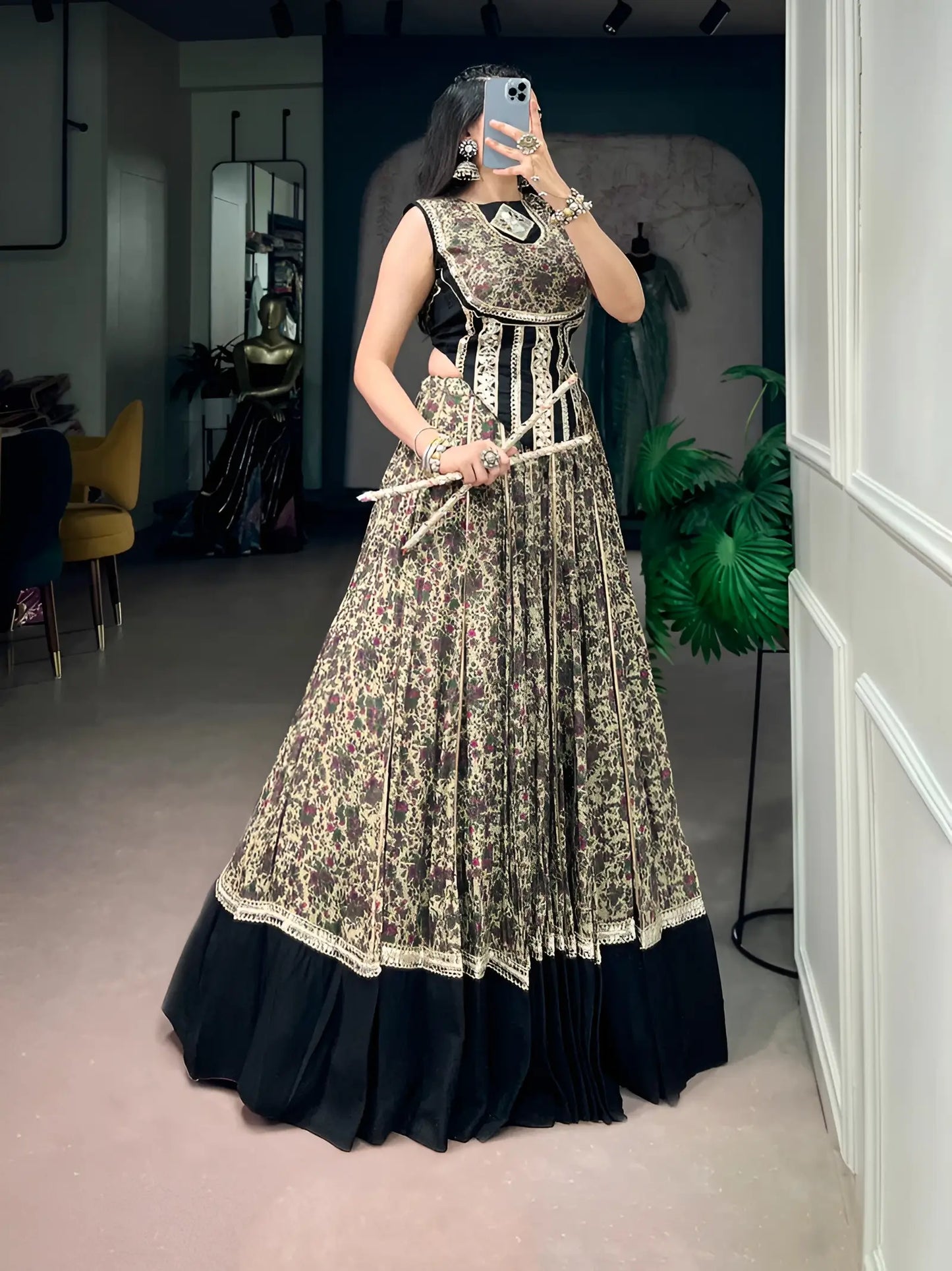 Black Garba Chaniya Choli With Print & Lace Touch Up