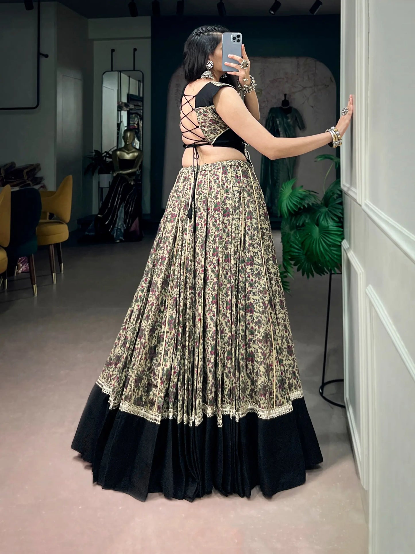 Black Garba Chaniya Choli With Print & Lace Touch Up