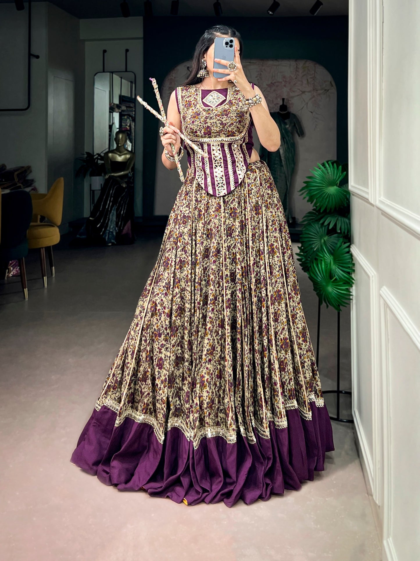 Dark Purple Garba Chaniya Choli With Print & Lace Touch Up