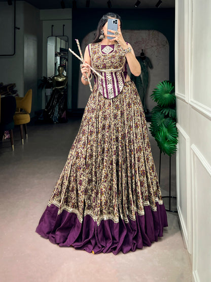 Dark Purple Garba Chaniya Choli With Print & Lace Touch Up