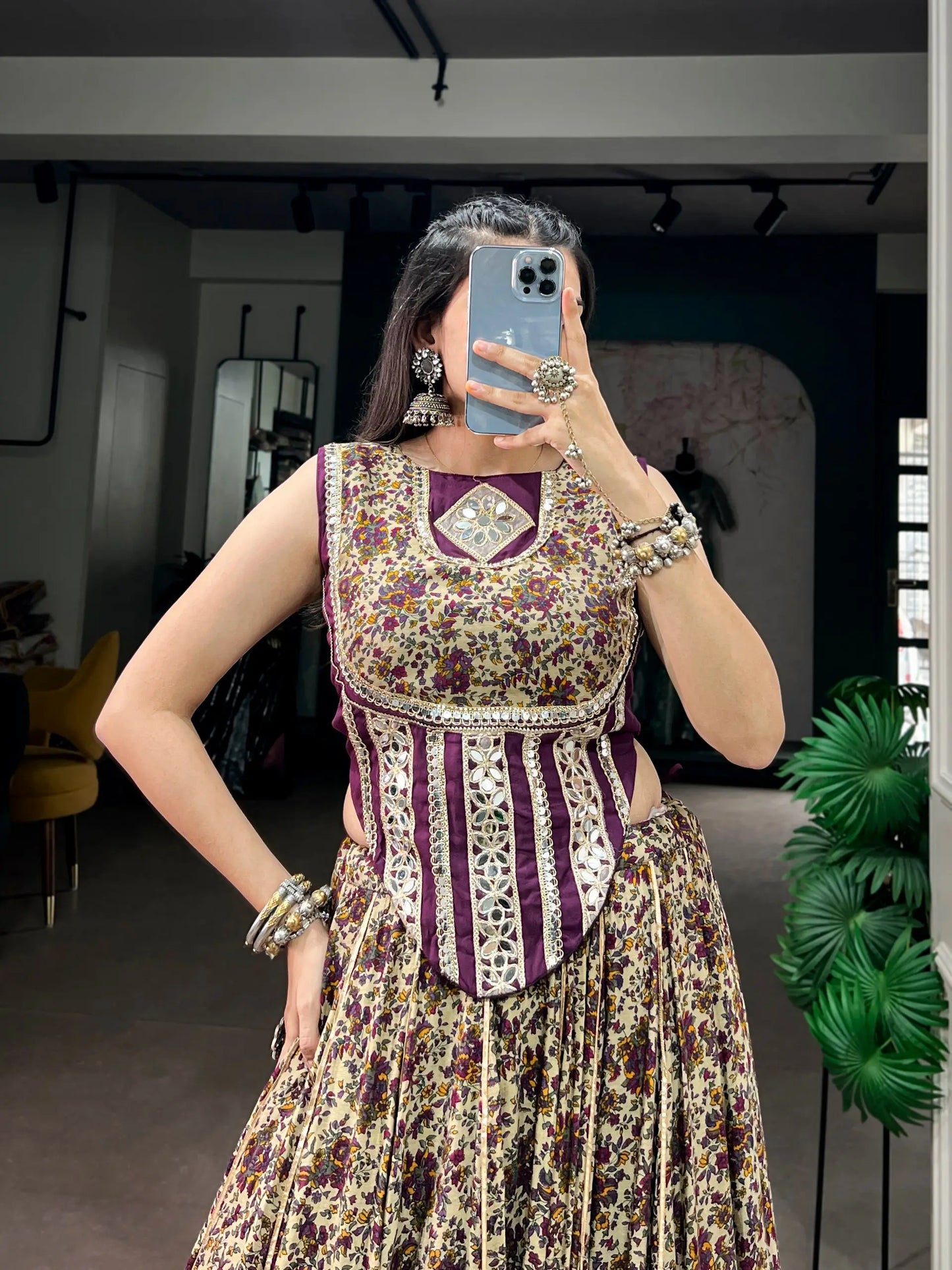 Dark Purple Garba Chaniya Choli With Print & Lace Touch Up
