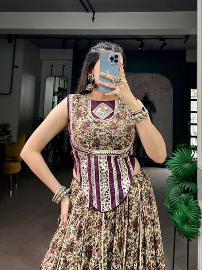 Dark Purple Garba Chaniya Choli With Print & Lace Touch Up