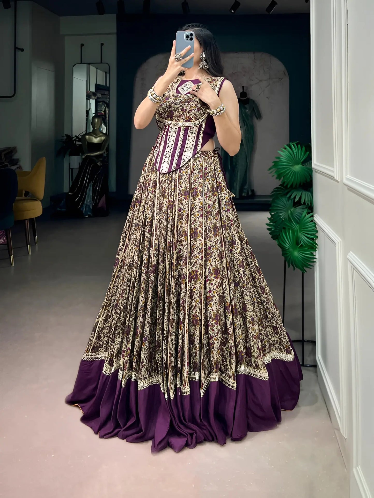 Dark Purple Garba Chaniya Choli With Print & Lace Touch Up