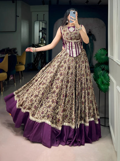 Dark Purple Garba Chaniya Choli With Print & Lace Touch Up