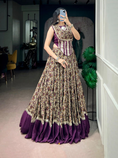 Dark Purple Garba Chaniya Choli With Print & Lace Touch Up