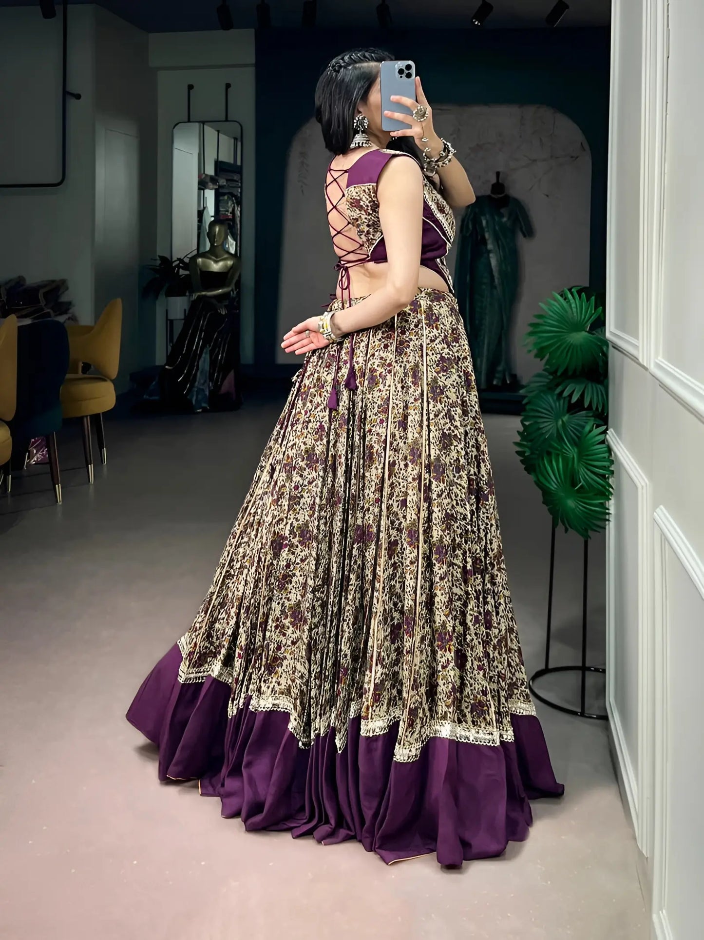 Dark Purple Garba Chaniya Choli With Print & Lace Touch Up