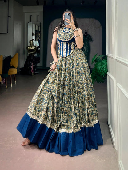 Navy Blue Garba Chaniya Choli With Print & Lace Touch Up